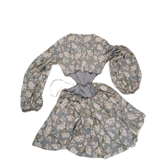 First Blooms Dusty Blue Floral Print Long Sleeve Cutout Dress - Picture 4 of 5